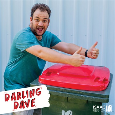 Darling Dave all thumbs up over a red bin